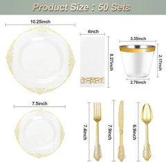 350PCS Clear Gold Plastic Plates for 50 Guests, Disposable Tableware 07FC0E-D4 - KOEEK [3]
