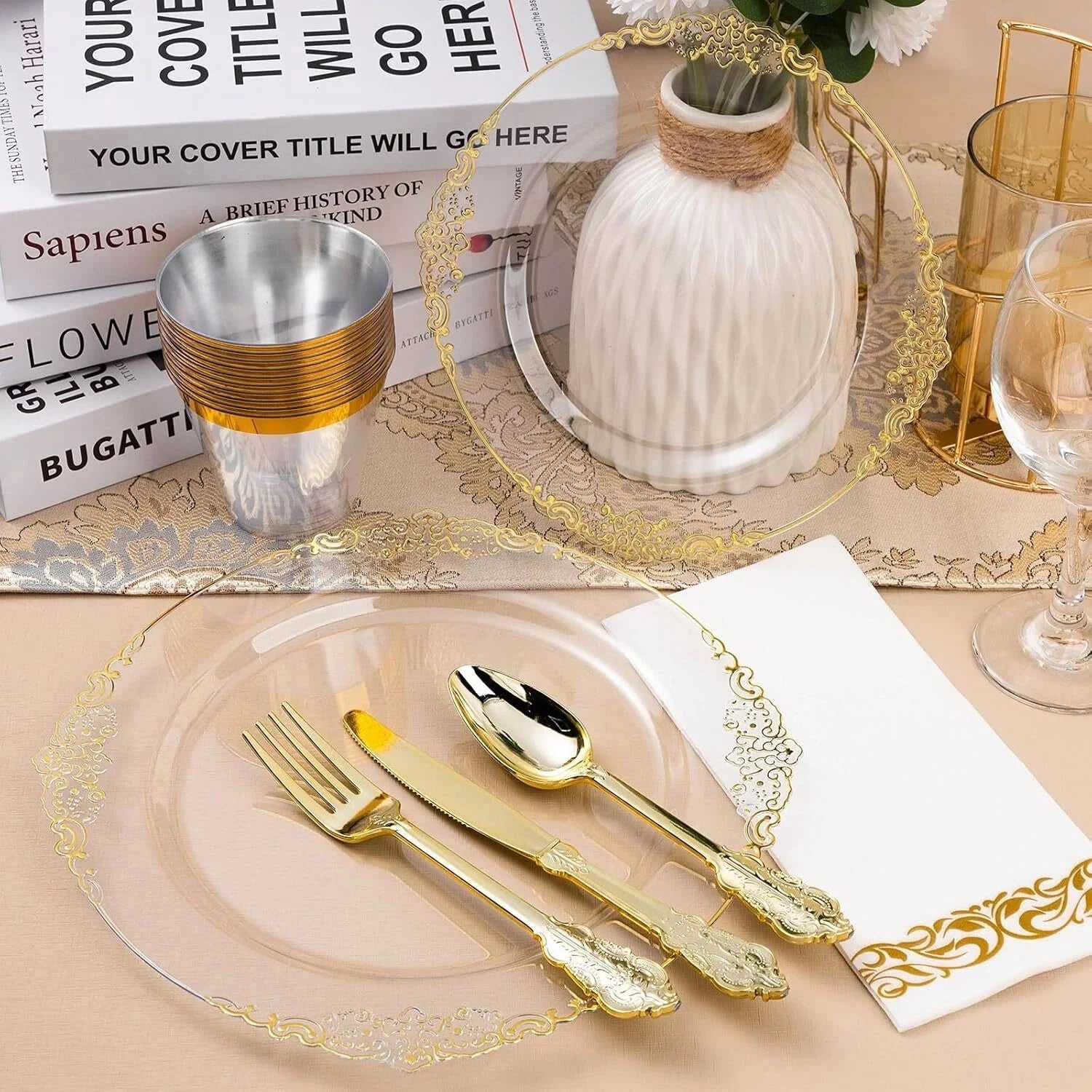 350PCS Clear Gold Plastic Plates for 50 Guests, Disposable Tableware 07FC0E-D4 - KOEEK [5]