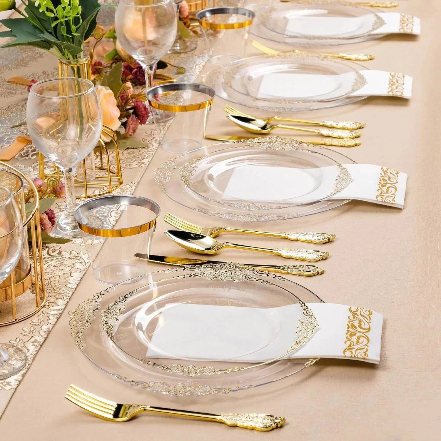 350PCS Clear Gold Plastic Plates for 50 Guests, Disposable Tableware 07FC0E-D4 - KOEEK [7]