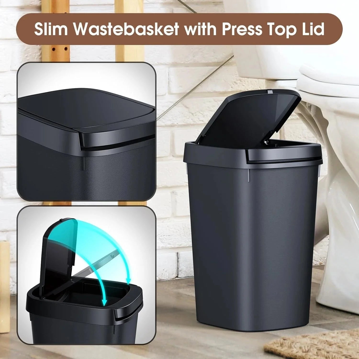 3 Pack Slim Bathroom Trash Can, 10L/2.6 Gal with Press Top and Pop-up Lid 07FC0E-D4 - KOEEK [4]