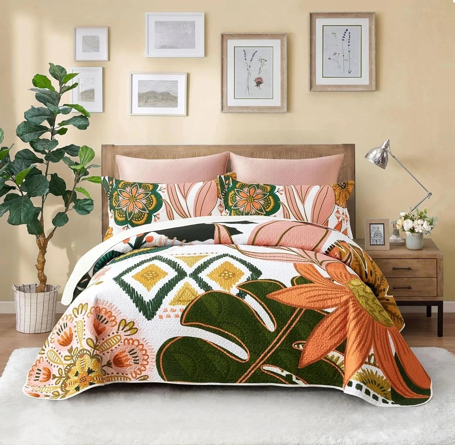 3 Piece Floral Full/Queen Quilt Sets Farmhouse Botanical Reversible Lightweight 07FC0E-D4 - KOEEK [1]