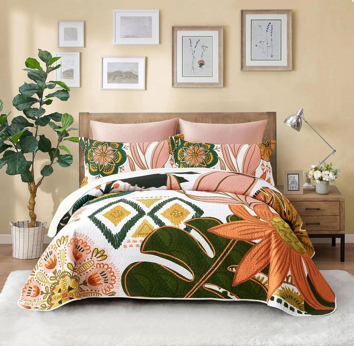 3 Piece Floral Full/Queen Quilt Sets Farmhouse Botanical Reversible Lightweight 07FC0E-D4 - KOEEK [1]