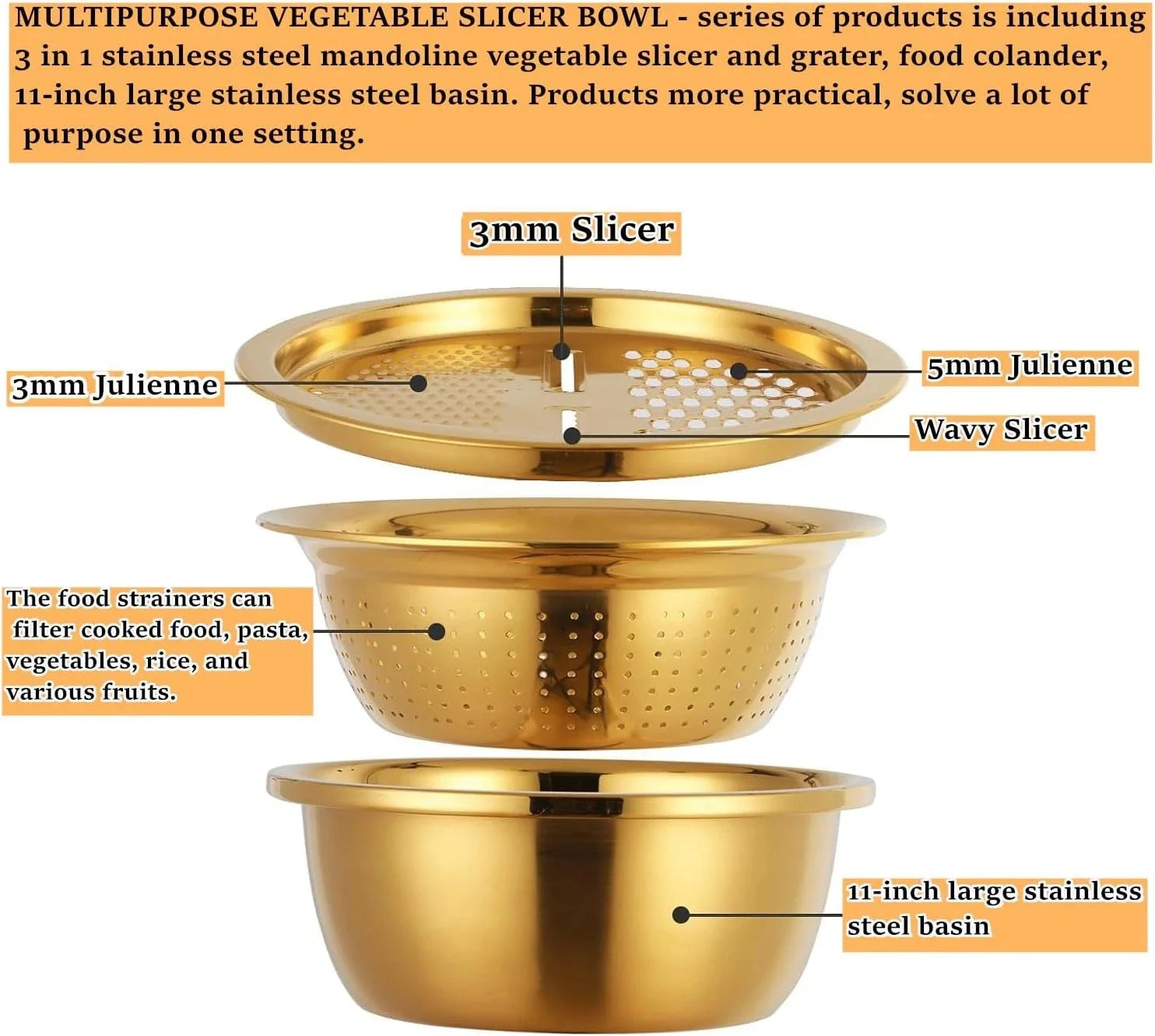3 pieces/set Strainer Set Stainless Steel Vegetable Slicer Fruit Potato 07FC0E-D4 - KOEEK [2]