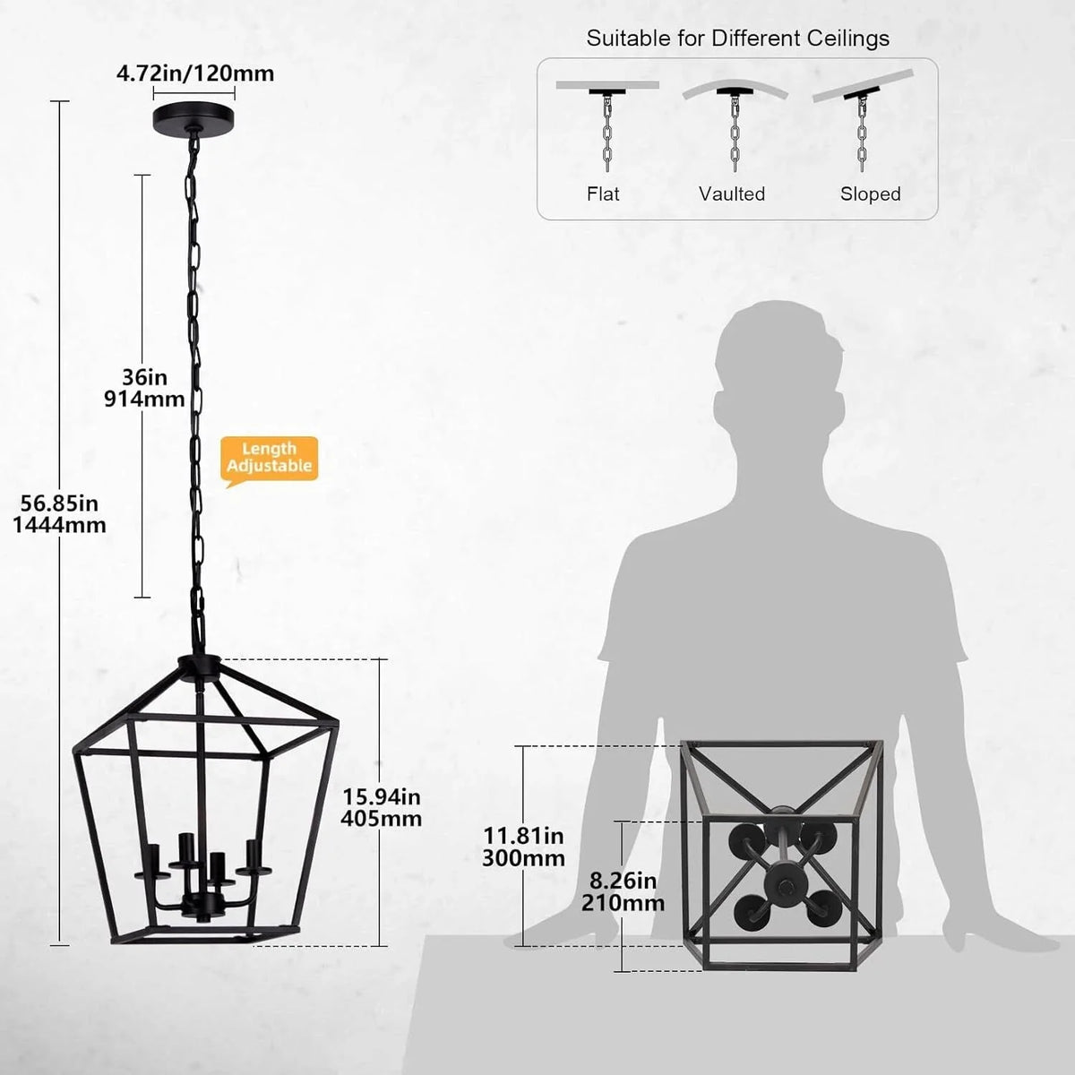 4 LampChandelier Industrial Ceiling Light,Black Lantern FixtureHeight Adjustable 07FC0E-D4 - KOEEK [1]