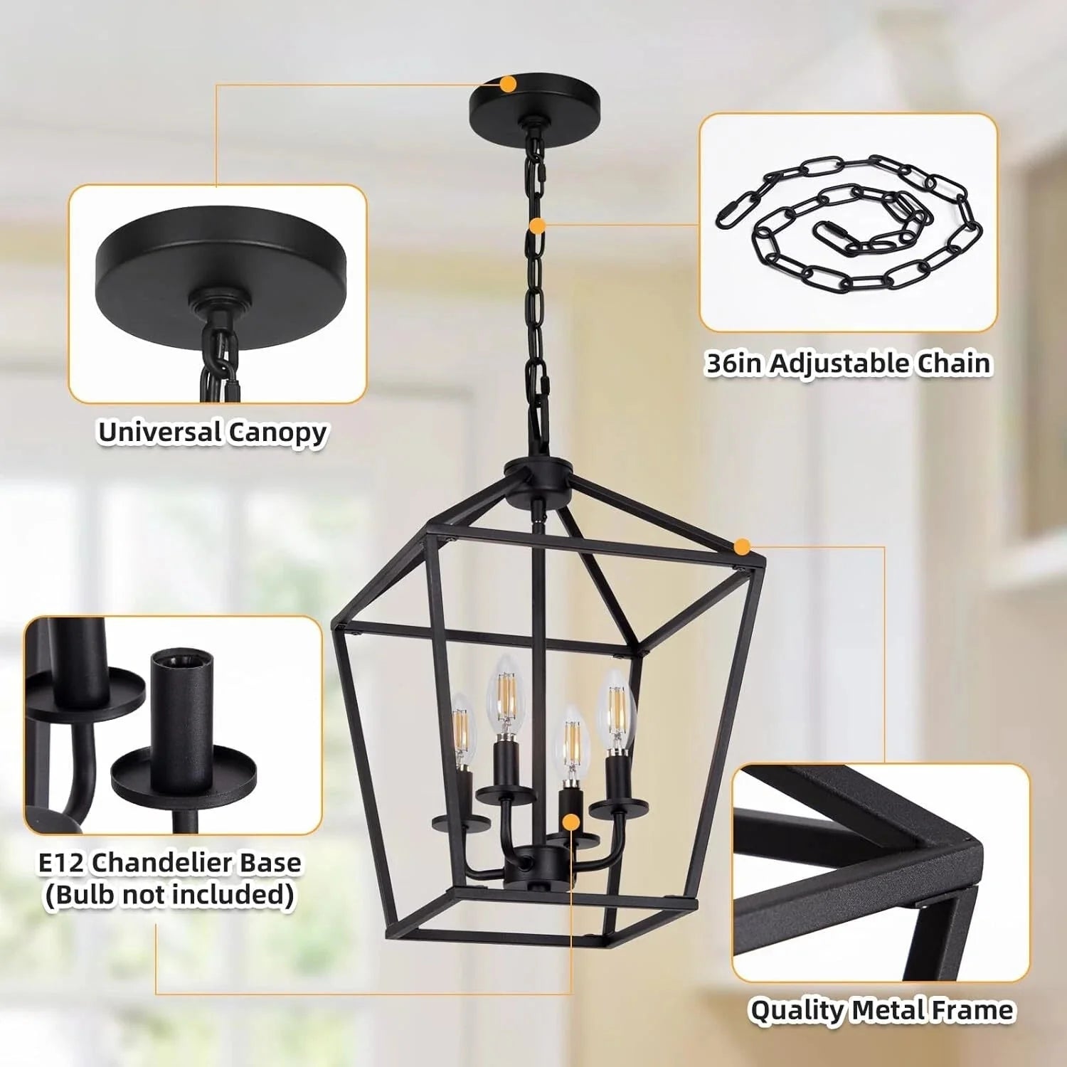 4 LampChandelier Industrial Ceiling Light,Black Lantern FixtureHeight Adjustable 07FC0E-D4 - KOEEK [3]