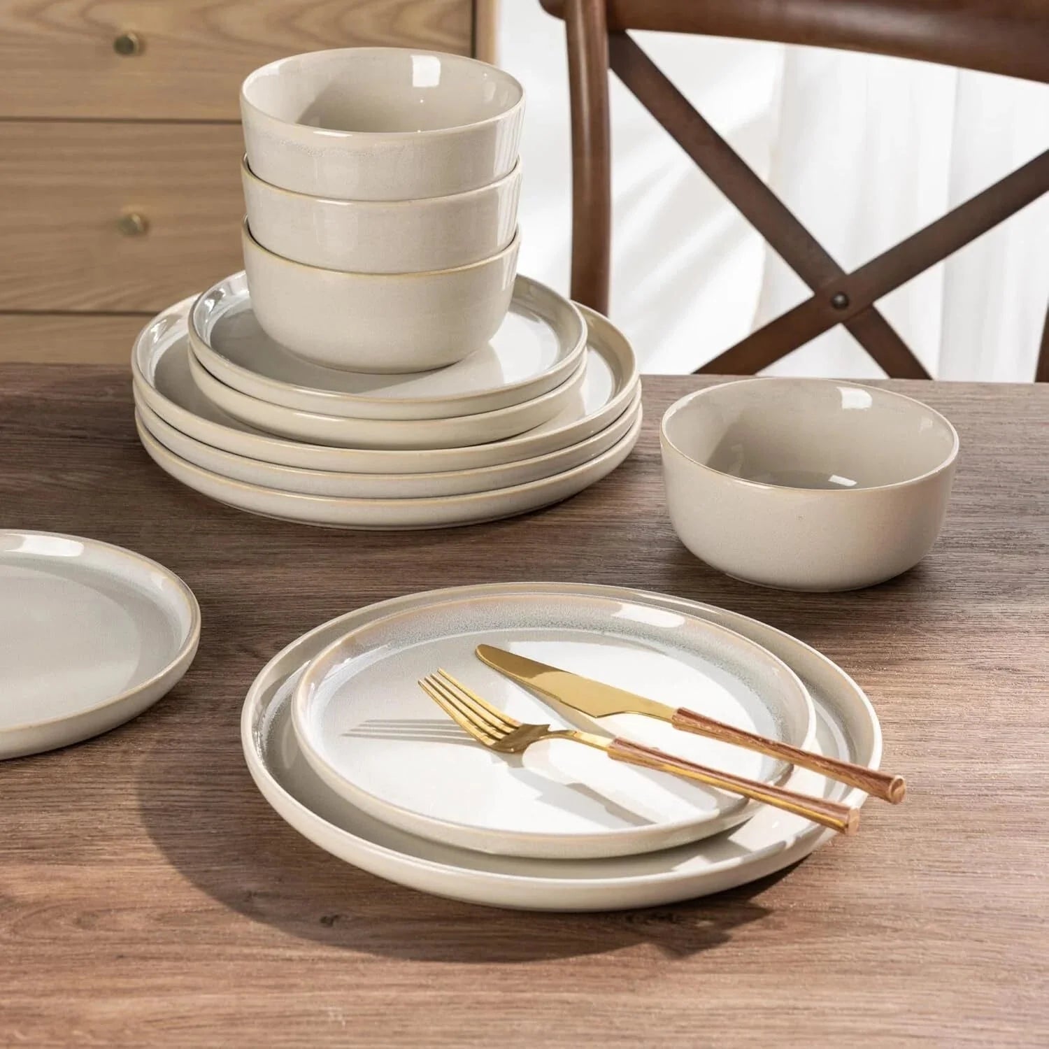 4 Person Stoare Dinnerware Set, Round Reactive Glaze Ceramic Set 07FC0E-D4 - KOEEK [3]