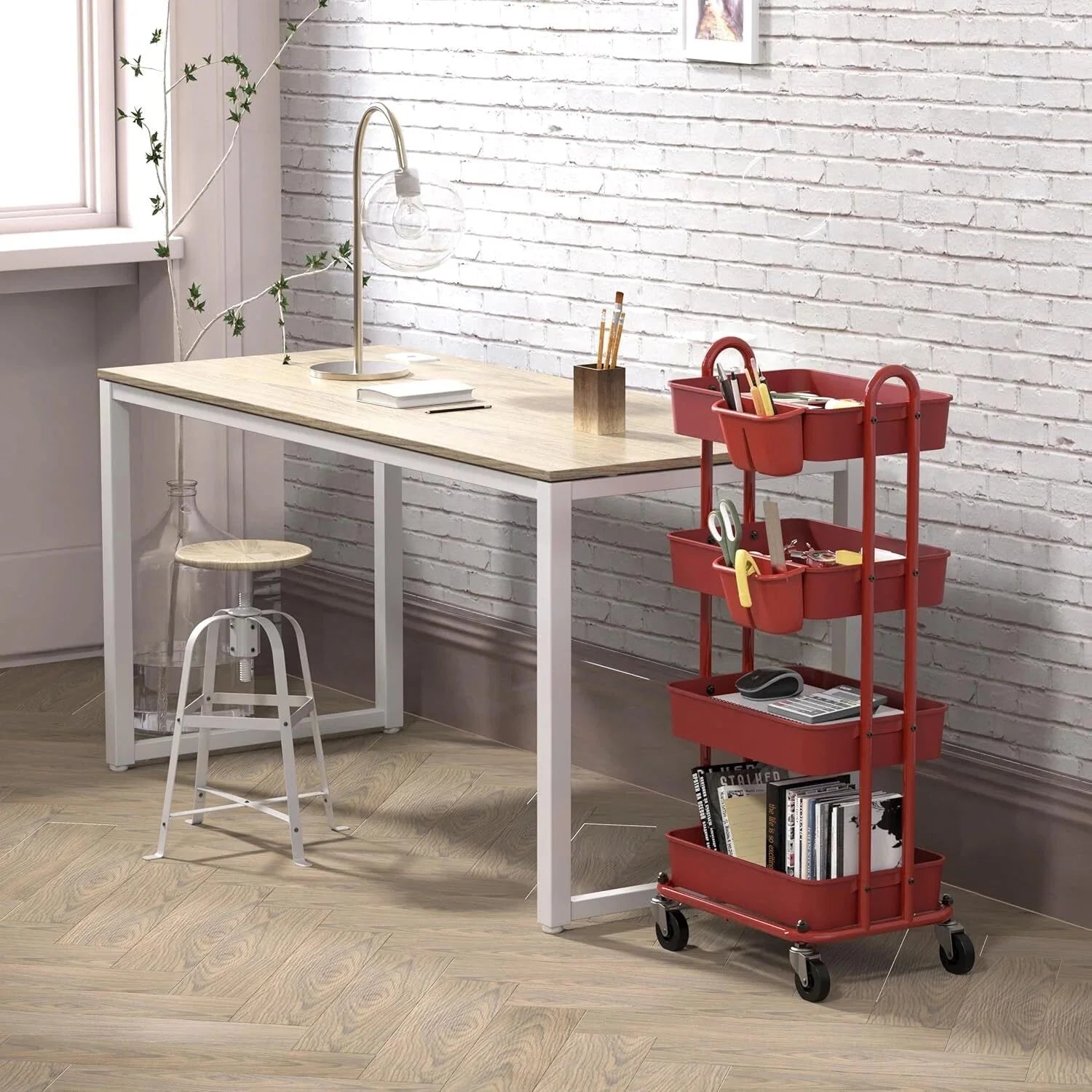 4-Tier Multi-Purpose Rolling Utility Cart with Bucket, Red 07FC0E-D4 - KOEEK [3]