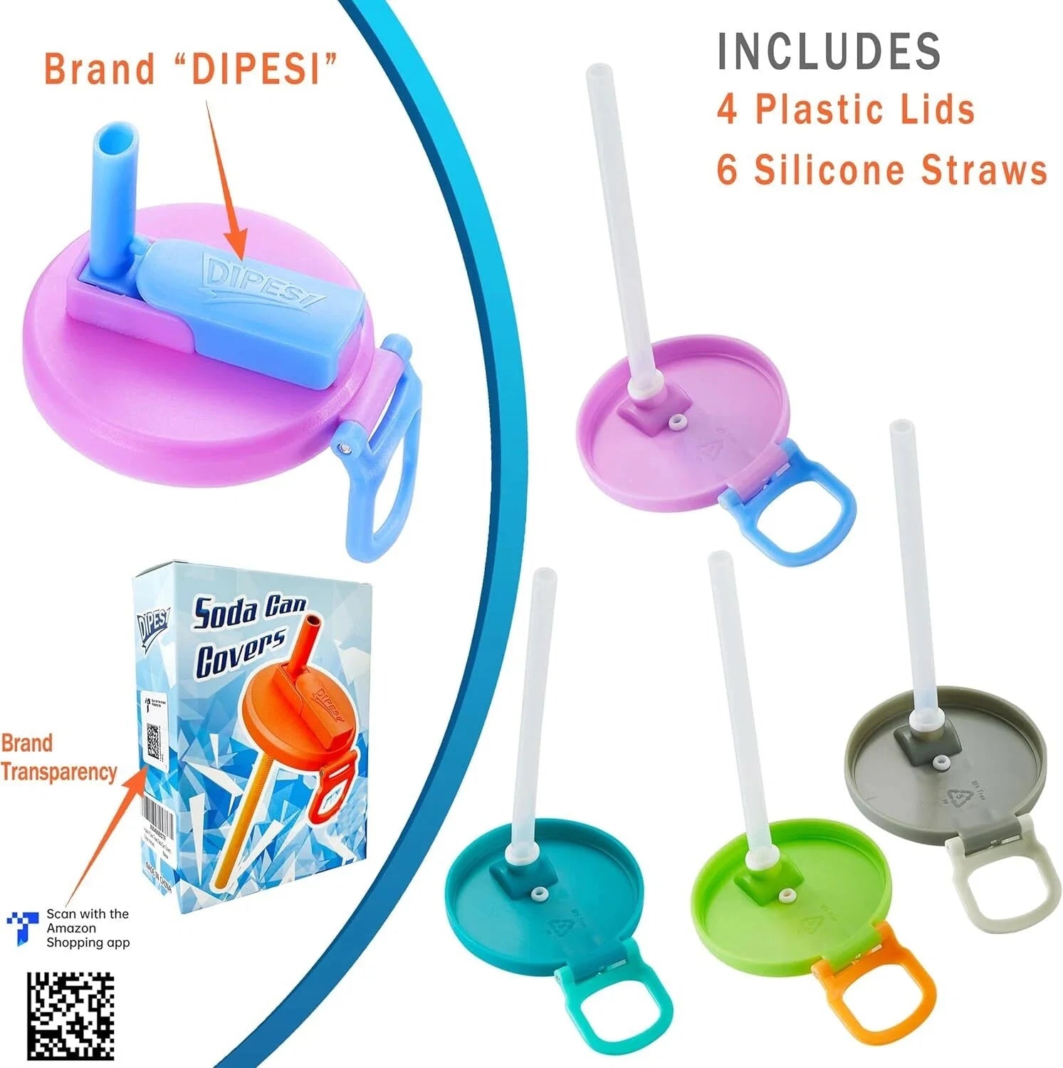 4-pack 4 Color Soda Can Lids with straw, Soda Can Covers with Silicone straw 07FC0E-D4 - KOEEK [3]