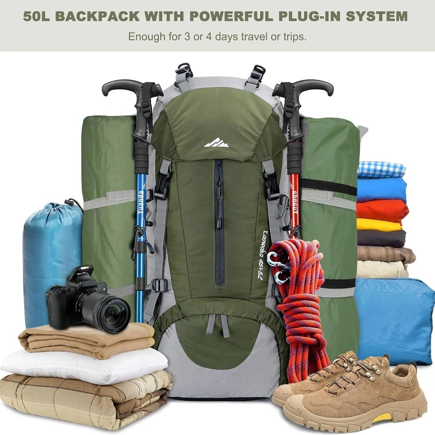 50L Hiking Travel Backpack, Waterproof Camping Essentials Bag with Rain Cover 07FC0E-D4 - KOEEK [1]
