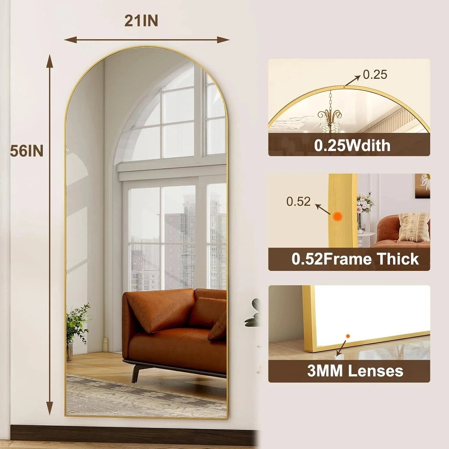 56"x21"Full Length Mirror Arch Floor Mirrors with Aluminum Alloy Frame 07FC0E-D4 - KOEEK [4]