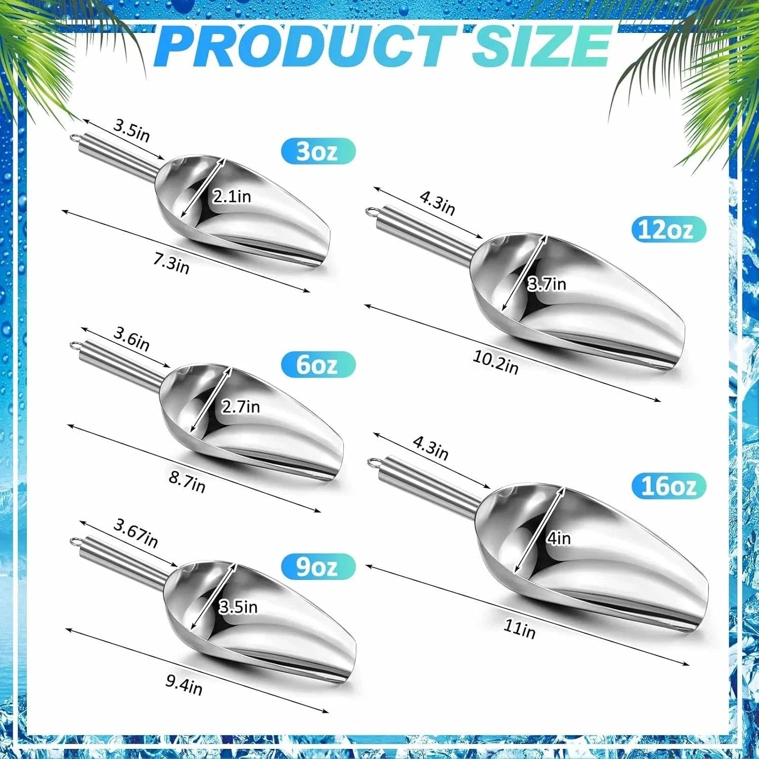 5 Pack 3/6/9/12/16 Ounce Stainless Steel Ice Scoop Multiple Sizes Metal Ice 07FC0E-D4 - KOEEK [2]