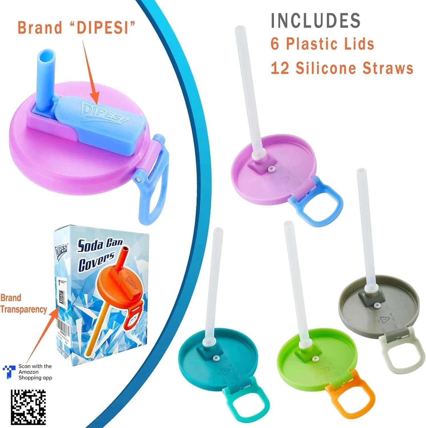 6 pack 6 color Soda Can Lids Straws, Reusable Silicone Straws Soda Can Covers 07FC0E-D4 - KOEEK [3]