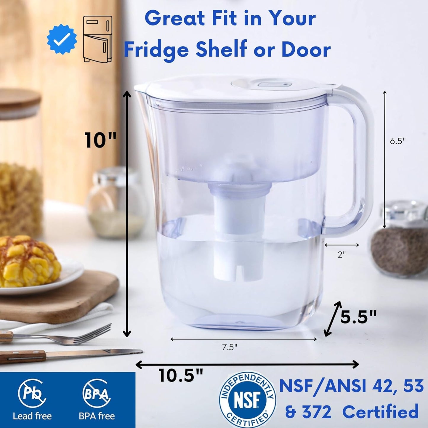 10-Cup Water Filter Pitcher with 5 Water Filters & Electronic Filter Change Reminder - Compatible Brita Water Pitcher Brita Filter Replacement - Compatible Brita Filter Pitcher