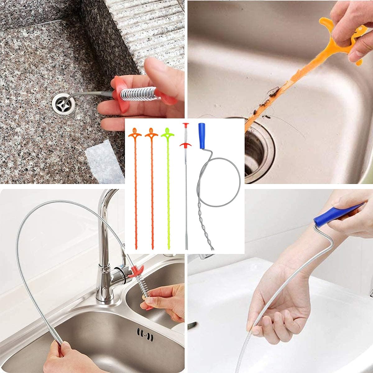 Drain Clog Remover, Hair Clog Remover, Sink Snake, Drain Cleaner Sticks, Snake Drain to Drain Hair Clog, Drain Hair Remover Tool for Sewer, Toilet, Kitchen Sink, Bathroom Tub (5 in 1) Forlivese - KOEEK