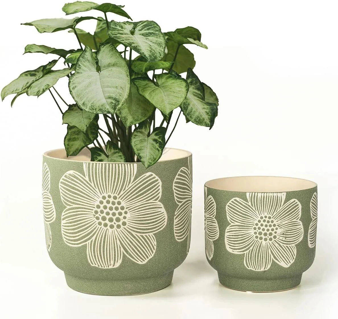 8-Inch + 6-Inch White Floral Pattern Planter, Sand Glazed Ceramic Planter,Green 07FC0E-D4 - KOEEK [2]