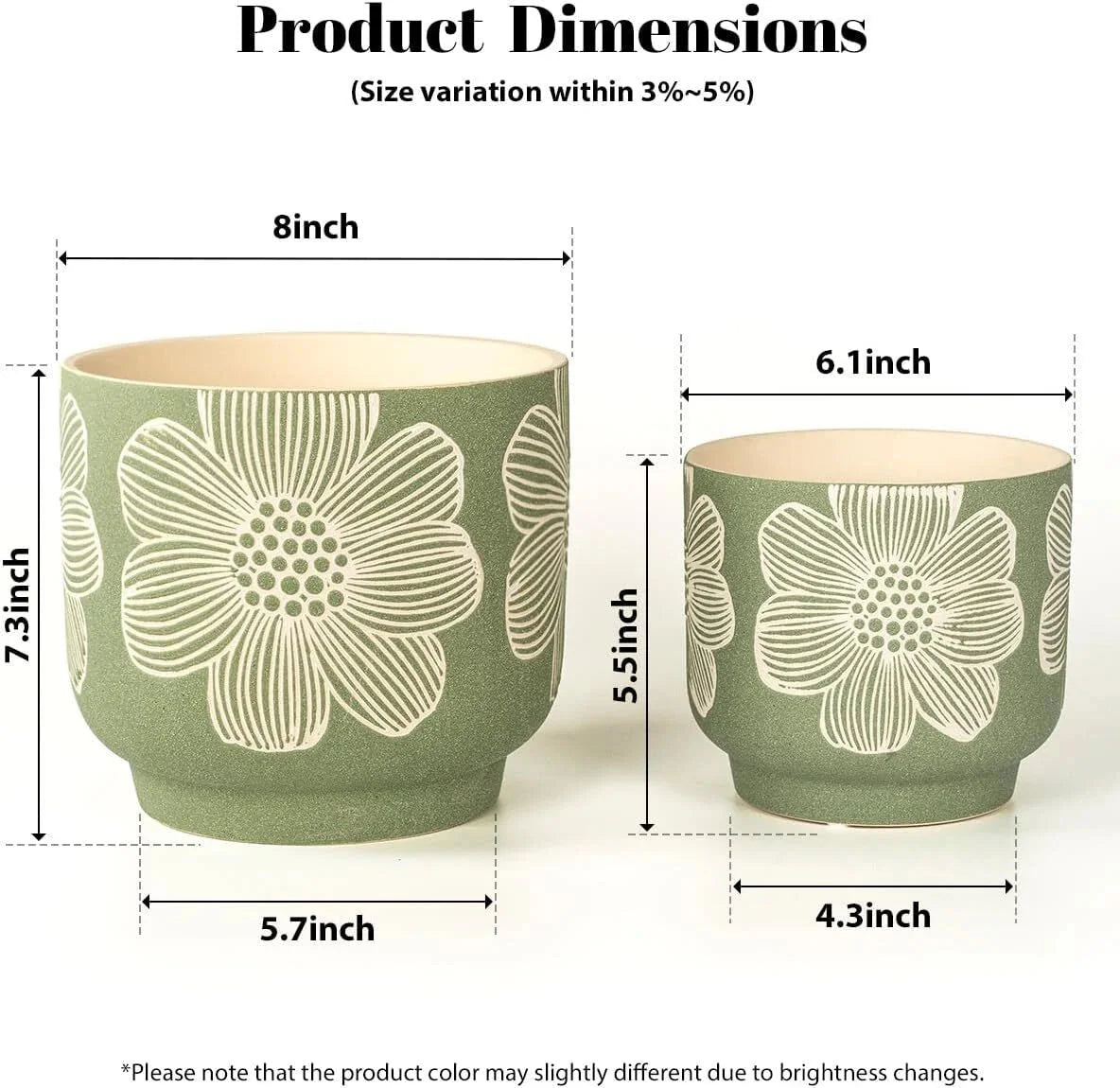 8-Inch + 6-Inch White Floral Pattern Planter, Sand Glazed Ceramic Planter,Green 07FC0E-D4 - KOEEK [3]