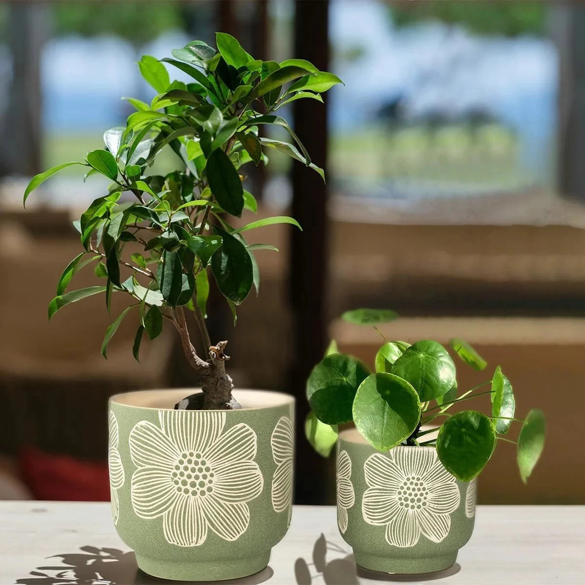 8-Inch + 6-Inch White Floral Pattern Planter, Sand Glazed Ceramic Planter,Green 07FC0E-D4 - KOEEK [7]