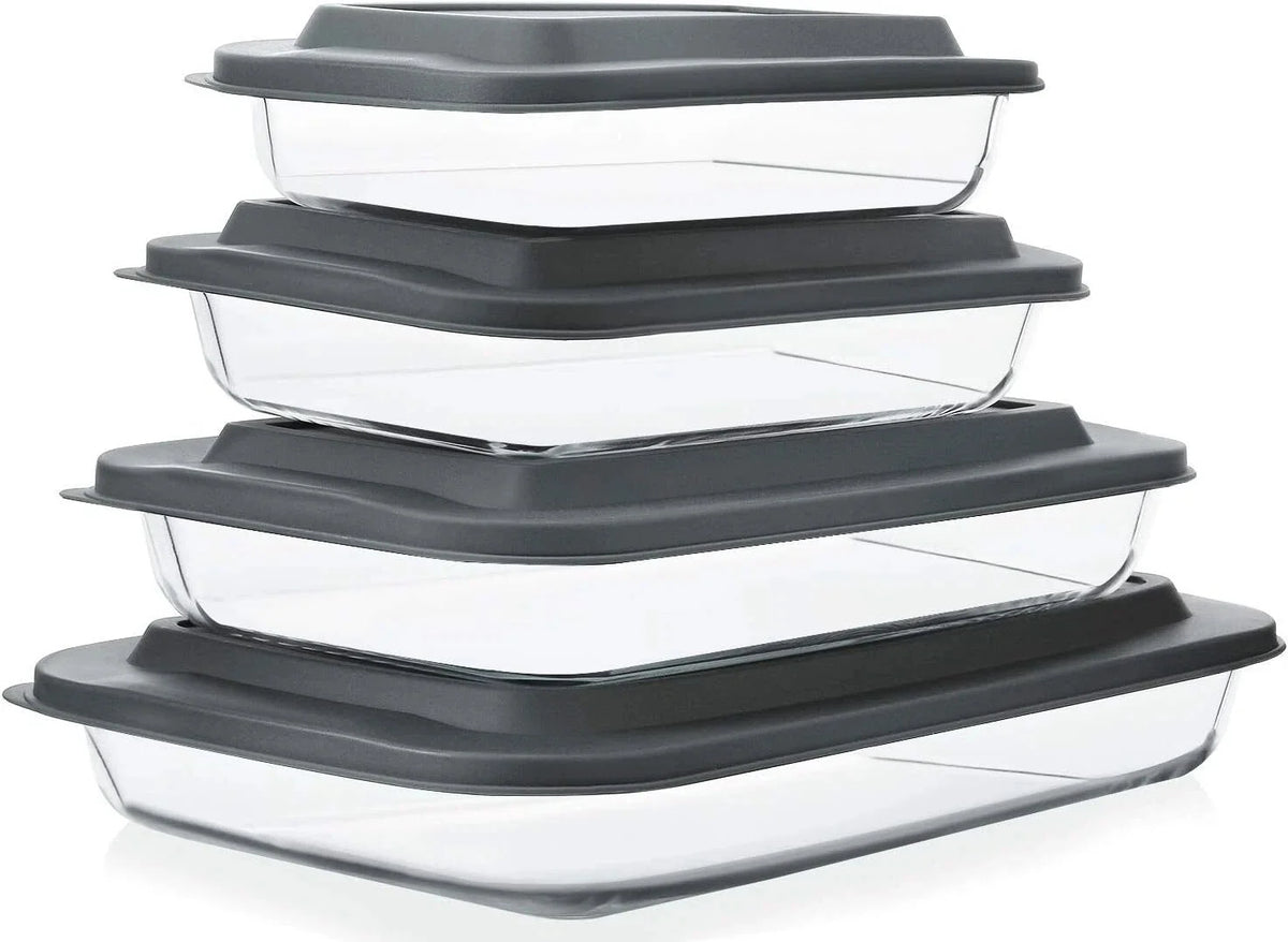 8 Piece DeepGlass Baking Pan Set, Rectangular Glass Baking Pan Set with Lid,Gray 07FC0E-D4 - KOEEK [1]