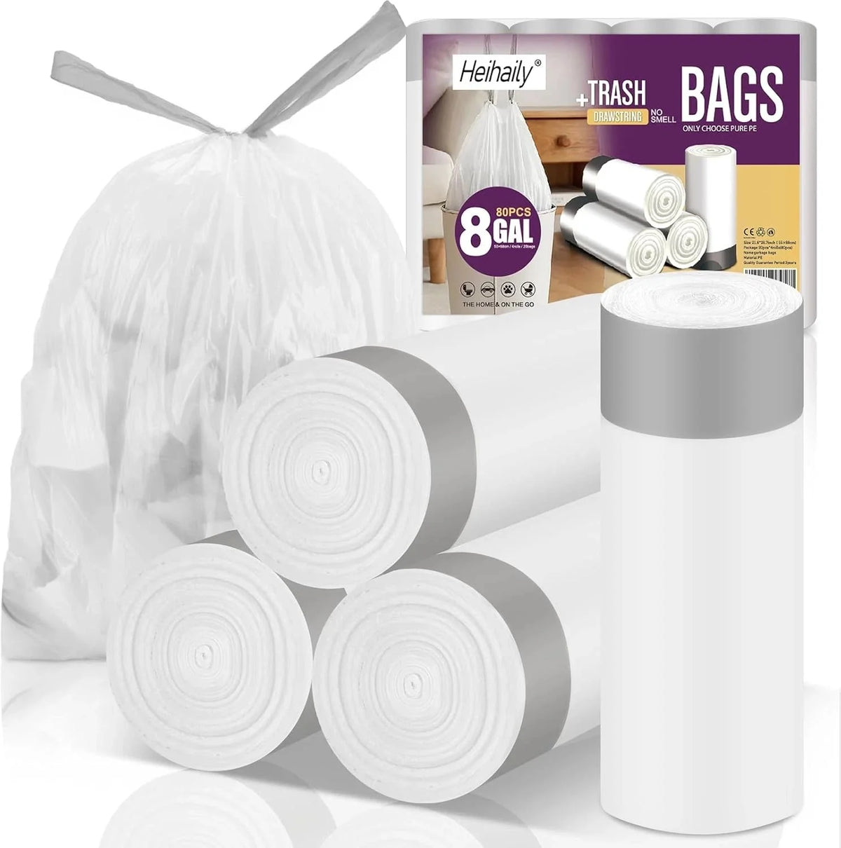 8-gallon trash bags Medium drawstring trash bags - 80 transparent white bags 07FC0E-D4 - KOEEK [1]