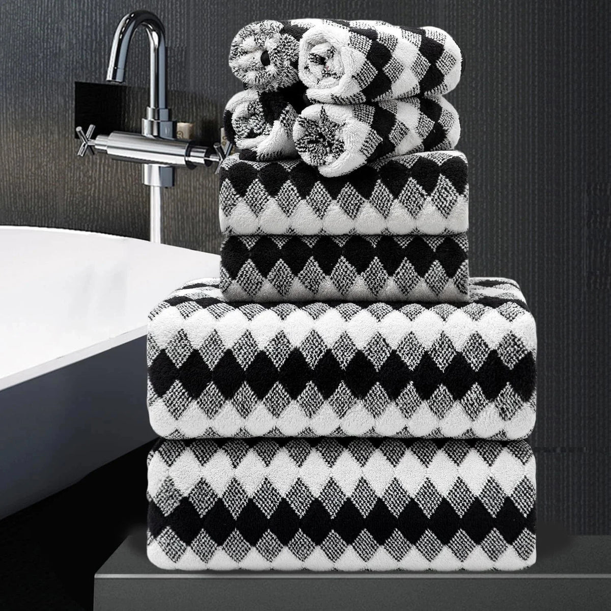 8-piece bathroom towel set (black and white) | 2 extra-large bath towels 07FC0E-D4 - KOEEK [1]