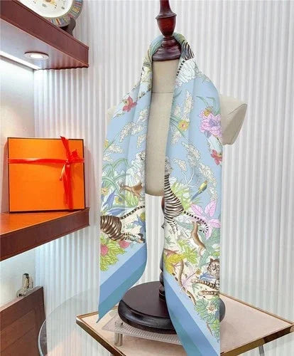 90cm Twill Silk Scarf Floral Bird Print Square Shawl Sun Protection for Women 07FC0E-D4 - KOEEK [5]