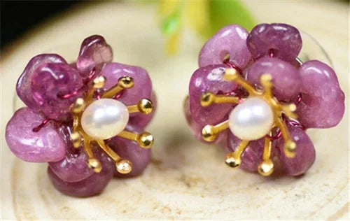 925 Silver Stud Earrings Natural Pearl Tourmaline Handmade Earrings 07FC0E-D4 - KOEEK [1]