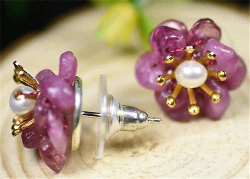 925 Silver Stud Earrings Natural Pearl Tourmaline Handmade Earrings 07FC0E-D4 - KOEEK [3]