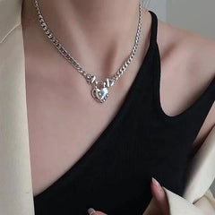 925 Silver women Vintage Unique Heart Pendant Necklace Retro Cuban Link Chain 07FC0E-D4 - KOEEK [1]