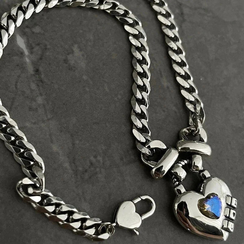 925 Silver women Vintage Unique Heart Pendant Necklace Retro Cuban Link Chain 07FC0E-D4 - KOEEK [4]