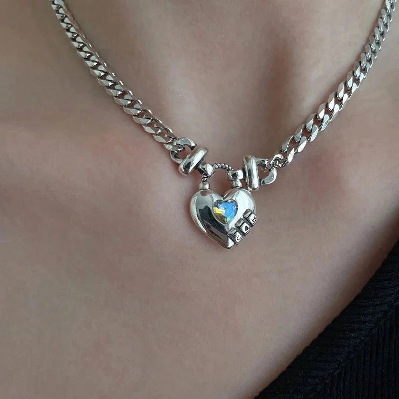 925 Silver women Vintage Unique Heart Pendant Necklace Retro Cuban Link Chain 07FC0E-D4 - KOEEK [5]