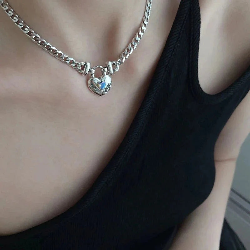925 Silver women Vintage Unique Heart Pendant Necklace Retro Cuban Link Chain 07FC0E-D4 - KOEEK [6]