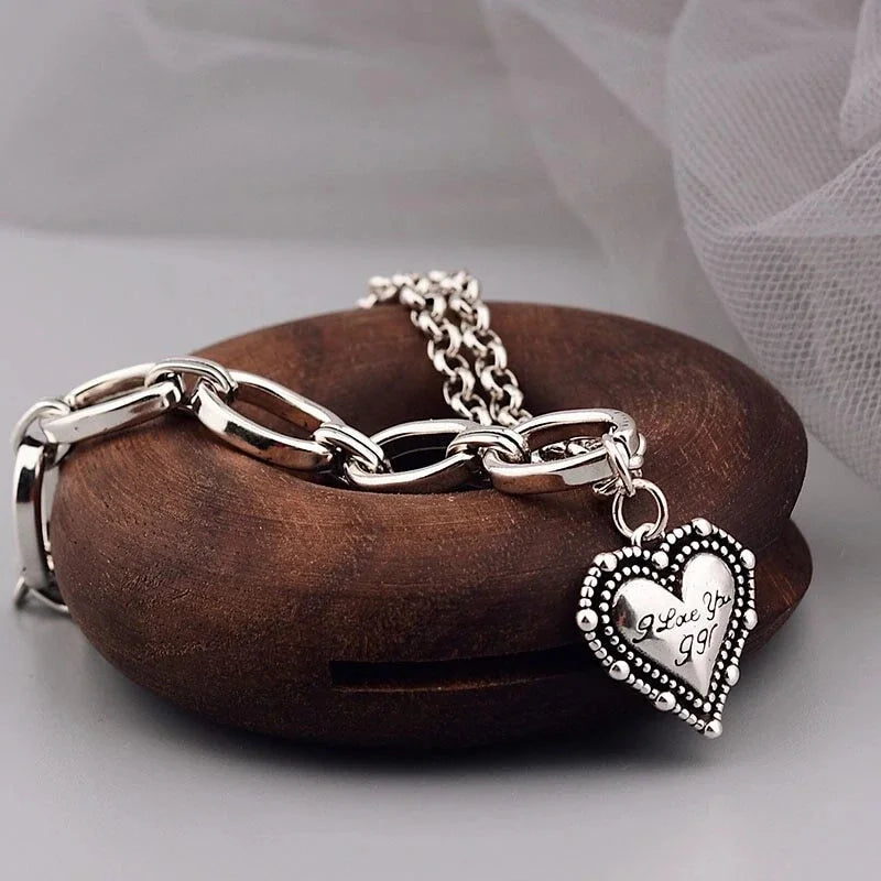 925 Sterling Silver Double Layer Chain LOVE Heart Vintage Bracelet Jewelry Gifts 07FC0E-D4 - KOEEK [1]