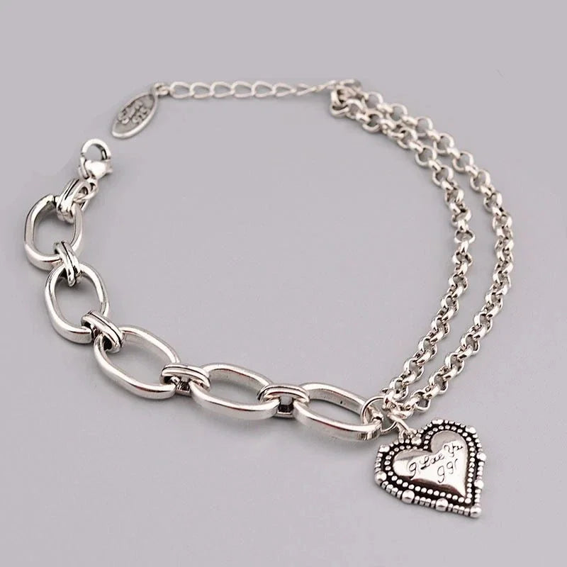 925 Sterling Silver Double Layer Chain LOVE Heart Vintage Bracelet Jewelry Gifts 07FC0E-D4 - KOEEK [2]