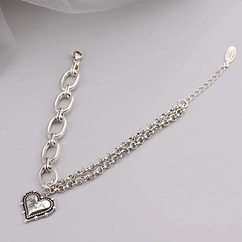 925 Sterling Silver Double Layer Chain LOVE Heart Vintage Bracelet Jewelry Gifts 07FC0E-D4 - KOEEK [3]