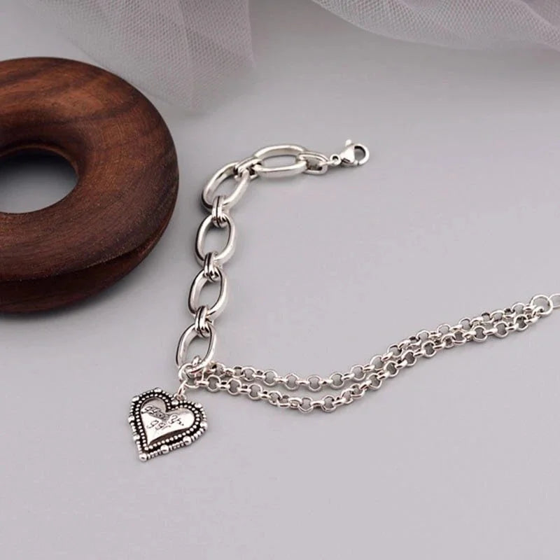 925 Sterling Silver Double Layer Chain LOVE Heart Vintage Bracelet Jewelry Gifts 07FC0E-D4 - KOEEK [4]