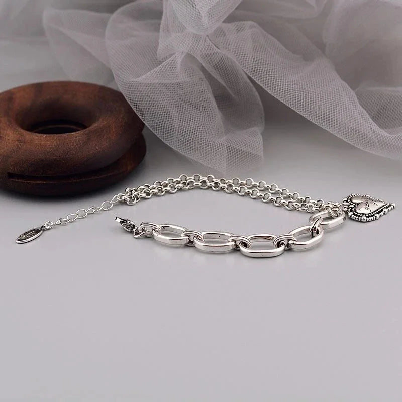 925 Sterling Silver Double Layer Chain LOVE Heart Vintage Bracelet Jewelry Gifts 07FC0E-D4 - KOEEK [5]