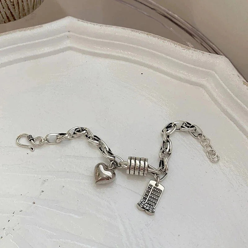 925 Sterling Silver Girls Thick Chain Bracelet Heart Tassel Bangle Woman Jewelry 07FC0E-D4 - KOEEK [6]