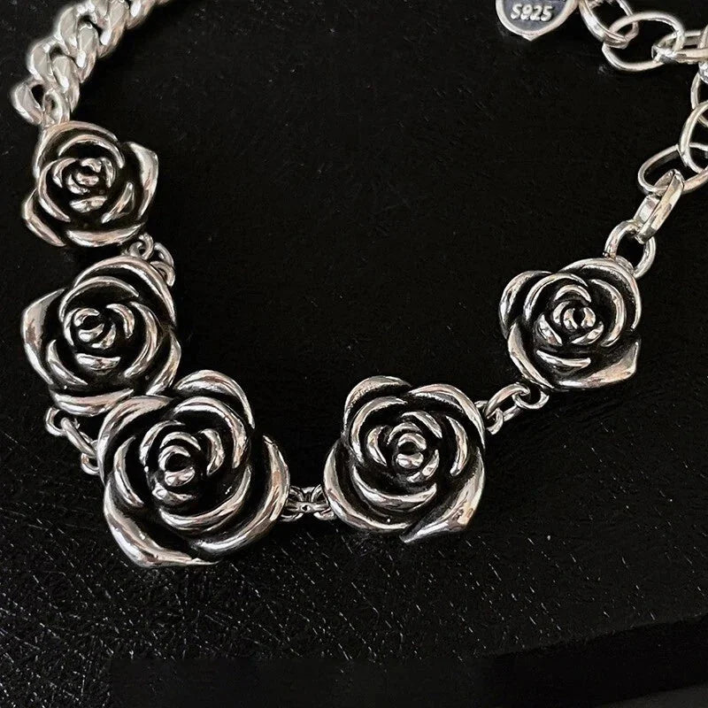 925 Sterling Silver Vintage Roses Flower Chain Bracelet Trendy Style Bangle 07FC0E-D4 - KOEEK [3]