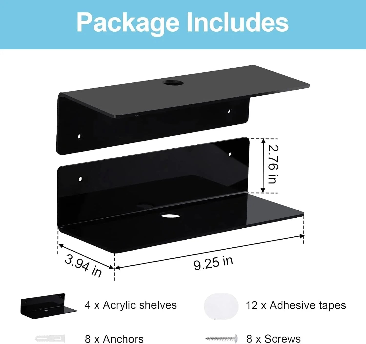 9-inch acrylic floating shelf, no drilling required, adhesive wall shelf 07FC0E-D4 - KOEEK [3]