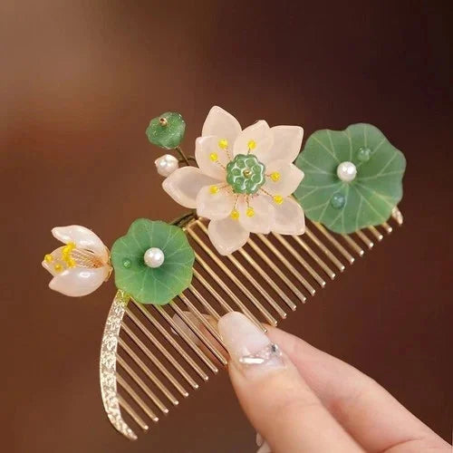Ancient Style Hair Comb Lotus Flower Hairpin Chinese Style Qipao Hair Accessory 07FC0E-D4 - KOEEK [1]