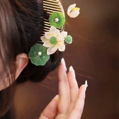 Ancient Style Hair Comb Lotus Flower Hairpin Chinese Style Qipao Hair Accessory 07FC0E-D4 - KOEEK [4]