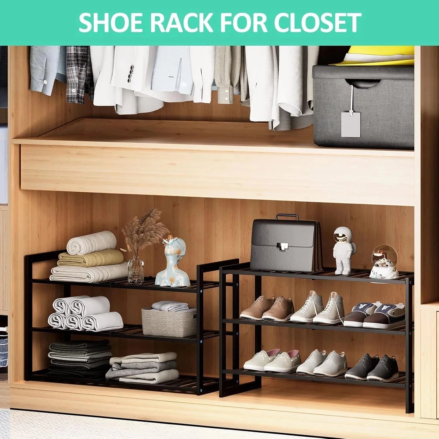 Bamboo shoe rack, stackable three-tier shoe rack, can store 9-12 pairs of shoes 07FC0E-D4 - KOEEK [4]