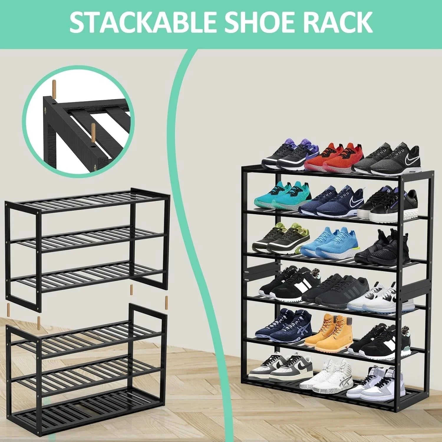 Bamboo shoe rack, stackable three-tier shoe rack, can store 9-12 pairs of shoes 07FC0E-D4 - KOEEK [5]