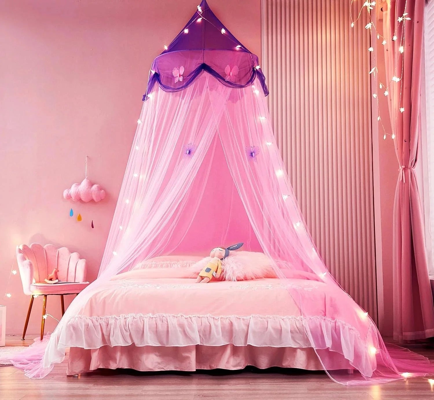Bed Canopy with Lights,Bed Canopy for Girls Canopy Bed Curtains Girls Bedroom 07FC0E-D4 - KOEEK [3]