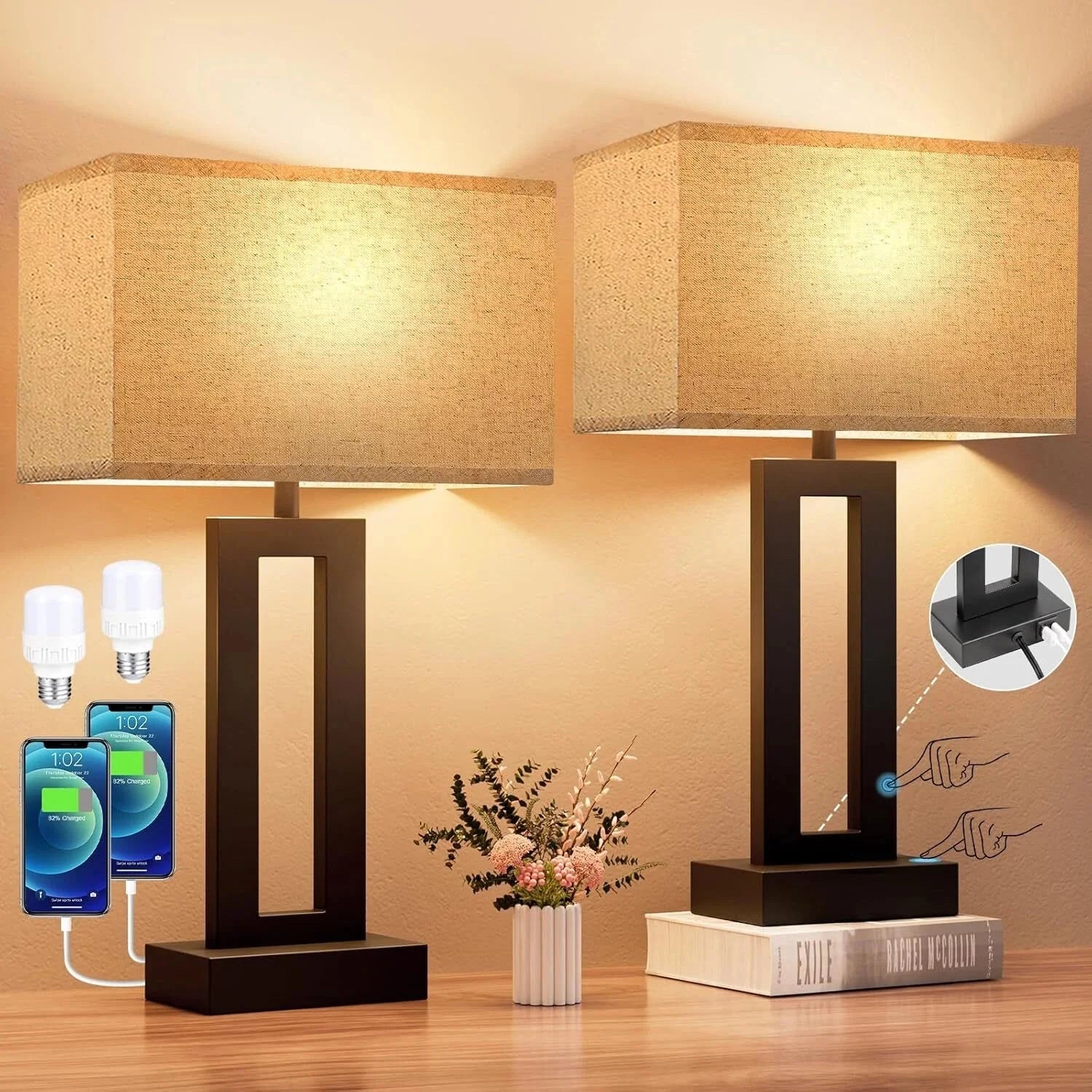 Bedroom Bedside Lamp - Touch Control, 3-Way Dimmable, LED Bulb, Easy Assembly 07FC0E-D4 - KOEEK [1]