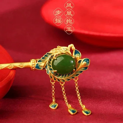 Blue Enamel Phoenix Tassel Hairpin Jade Chalcedony Hanfu Chinese Style Jewelry 07FC0E-D4 - KOEEK [1]