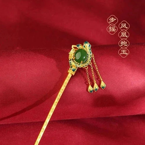 Blue Enamel Phoenix Tassel Hairpin Jade Chalcedony Hanfu Chinese Style Jewelry 07FC0E-D4 - KOEEK [2]