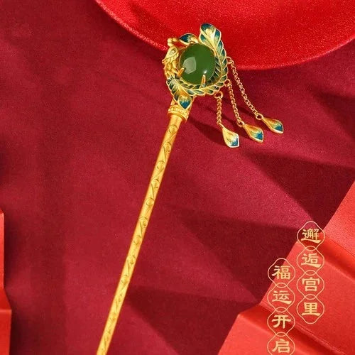Blue Enamel Phoenix Tassel Hairpin Jade Chalcedony Hanfu Chinese Style Jewelry 07FC0E-D4 - KOEEK [3]