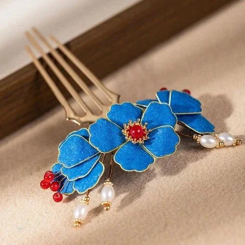 Blue Hair Comb  Chinese Style Hairpin Green Jade Clip Traditional Accessory 07FC0E-D4 - KOEEK [1]