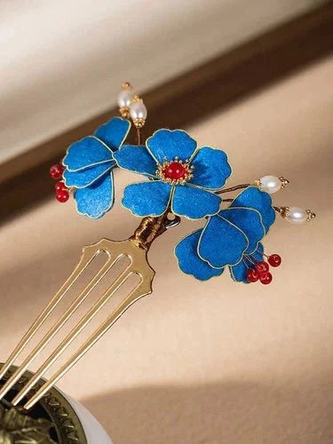 Blue Hair Comb  Chinese Style Hairpin Green Jade Clip Traditional Accessory 07FC0E-D4 - KOEEK [5]